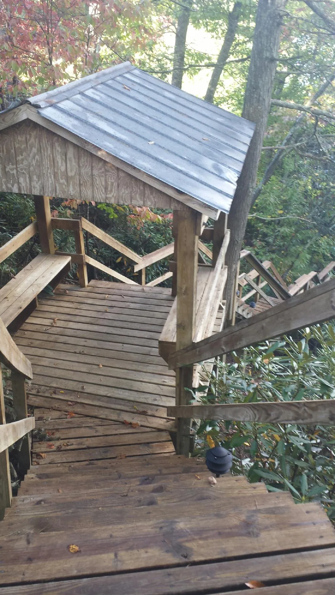 Metal roofed shelter over wooden steps on a wooded walkway — Skylight Repair & Installation work by our crew in Morenci